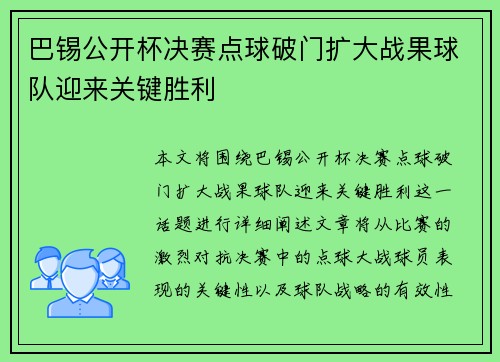 巴锡公开杯决赛点球破门扩大战果球队迎来关键胜利 巴锡公开杯决赛点球破门扩大战果球队迎来关键胜利